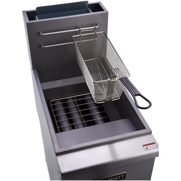 Patriot PT-F3-NG 35 - 40 lb. Natural Gas Fryer with Stainless Steel Pot 15-1/2"W Showing the Open Pot and Baskets