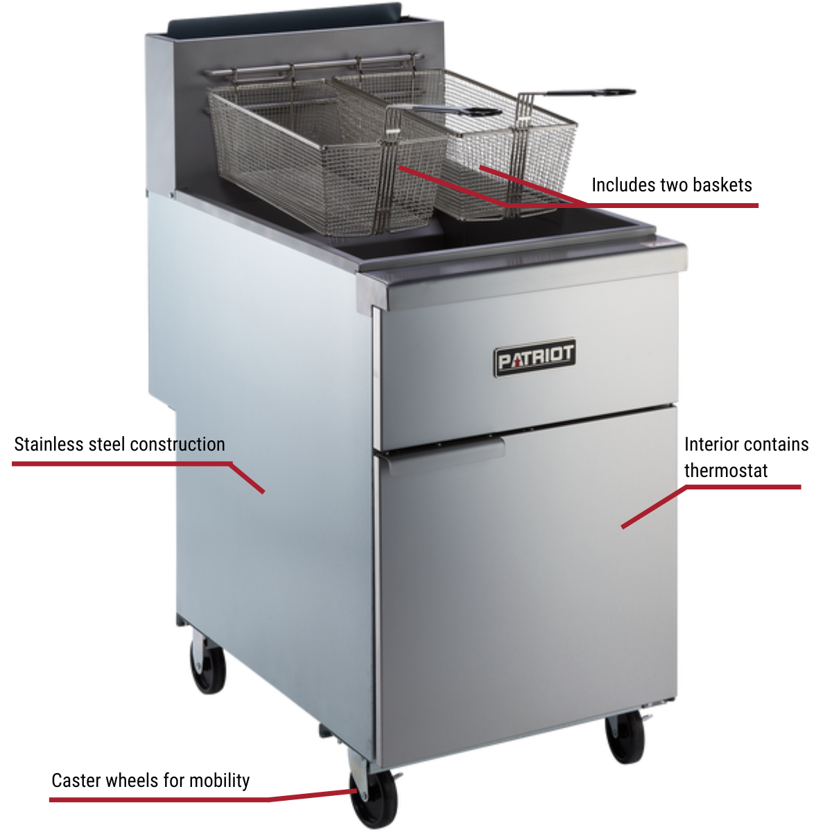 Patriot PT-F5-LP 65-70 lb. LP Gas Fryer with Stainless Steel Pot 21"W With Callouts To Baskets, Stainless Steel, Casters, And Thermostat