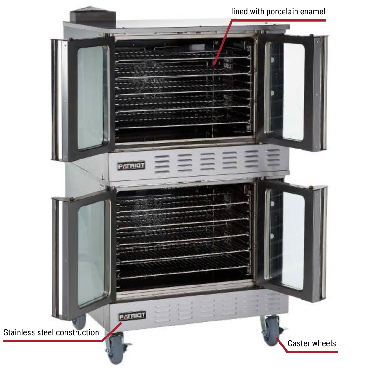 Patriot PT-COG/PT-CO-STACK Full Size Double Deck Natural Gas Convection Oven with Casters With Callouts to Lined With Porcelain Enamel, Stainless Steel Construction, Casters