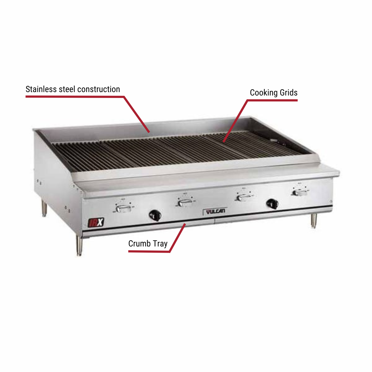 Diagram image for this Vulcan VTEC48 Natural Gas 88,000 BTU Infrared Charbroiler 47-3/8"W with callout for cooking grids, contains a pull out crumb tray.