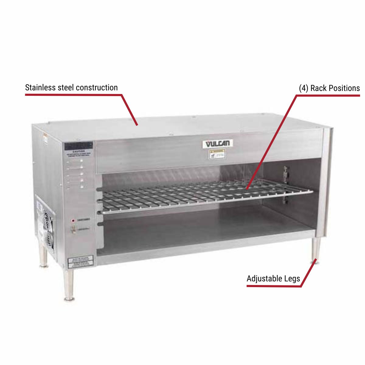 Diagram image for this Vulcan 1024-208V Electric Cheese Melter 27"W with callout for adjustable legs, contains 4 rack positions.