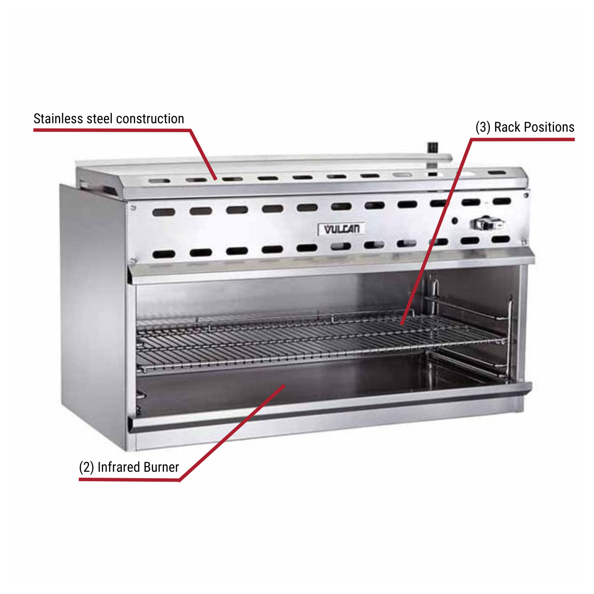 Diagram image for this Vulcan VICM60 Natural Gas 50,000 BTU Cheese Melter Broiler 60"W with callout for infrared burner, contains 3 rack positions.