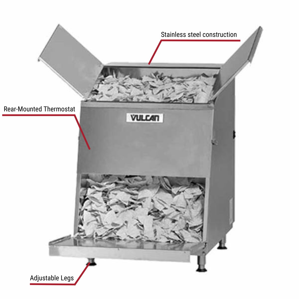 Diagram image for this Vulcan VCW46, 46-Gallon Top Load Chip Warmer with callout for adjustable legs, contains rear mounted thermostat.