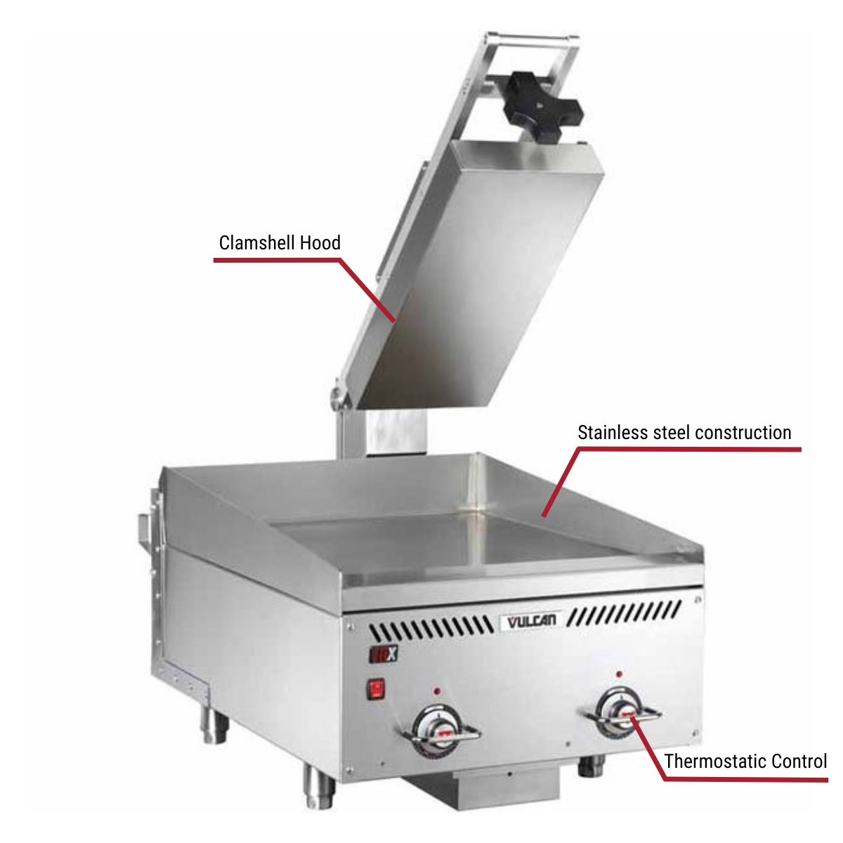 Diagram image for this Vulcan VMCS-101, 208V Electric Griddle Top with Rapid Recovery Plate with callout for clamshell hood, contains front mounted thermostat control.