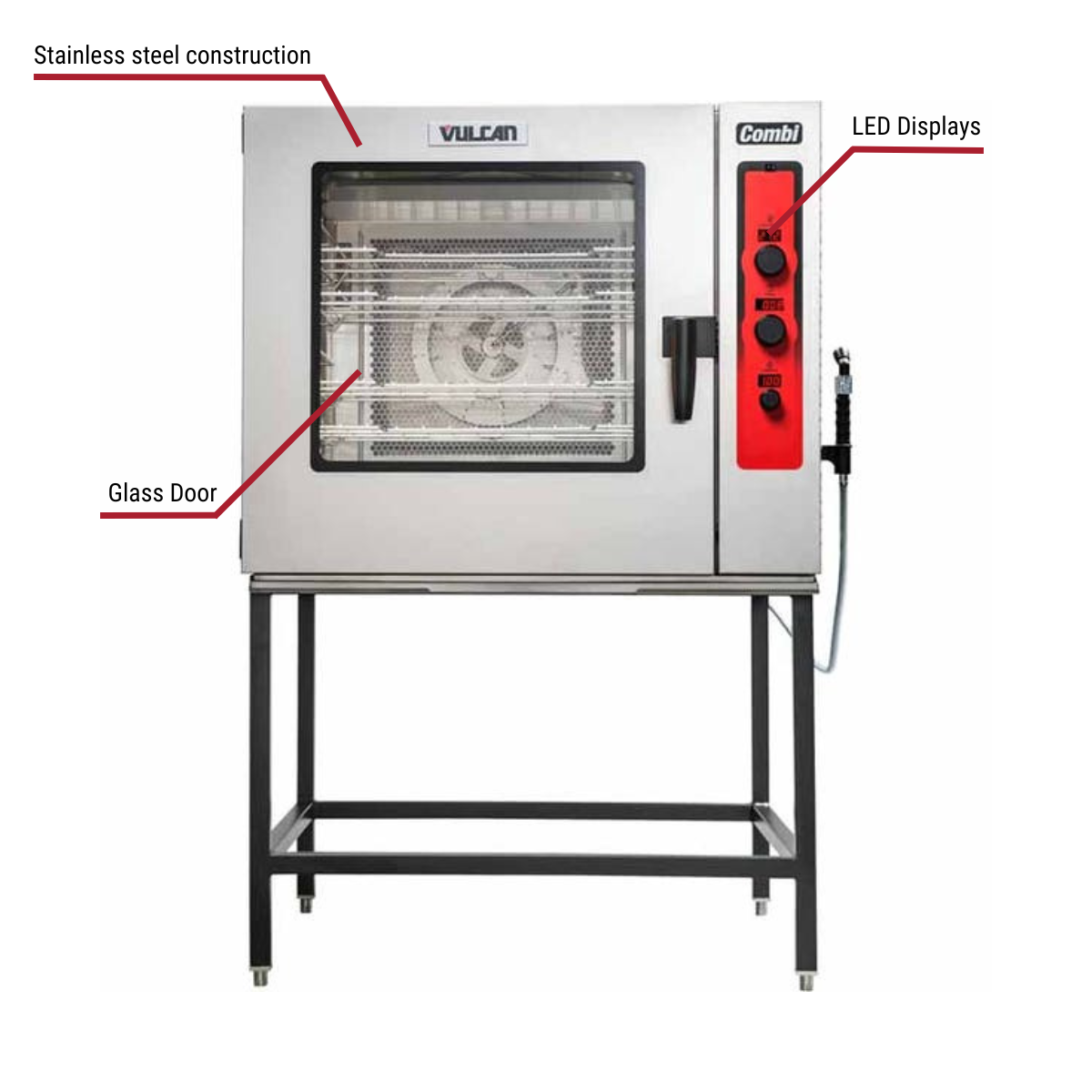Diagram image for thisVulcan ABC7E-208 Electric Boilerless Combi Oven Steamer 208V with callout for glass door, contains LED displays.