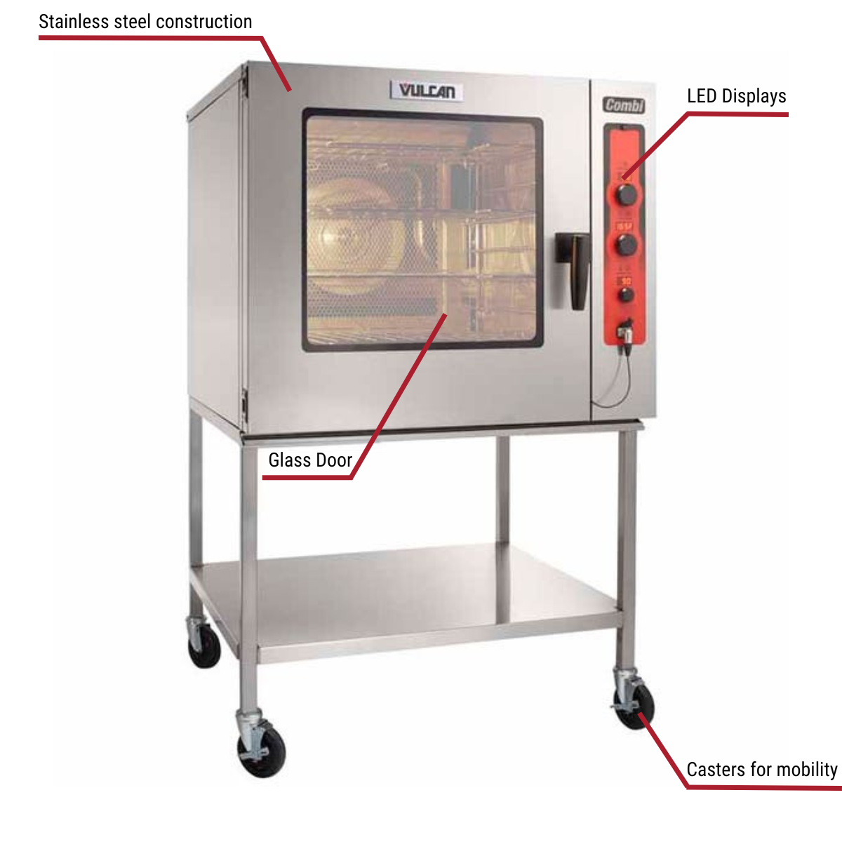 Diagram image for this Vulcan ABC7E-240P Electric Boilerless Combi Oven Steamer with Probe 240V with callout for glass door, contains LED displays.