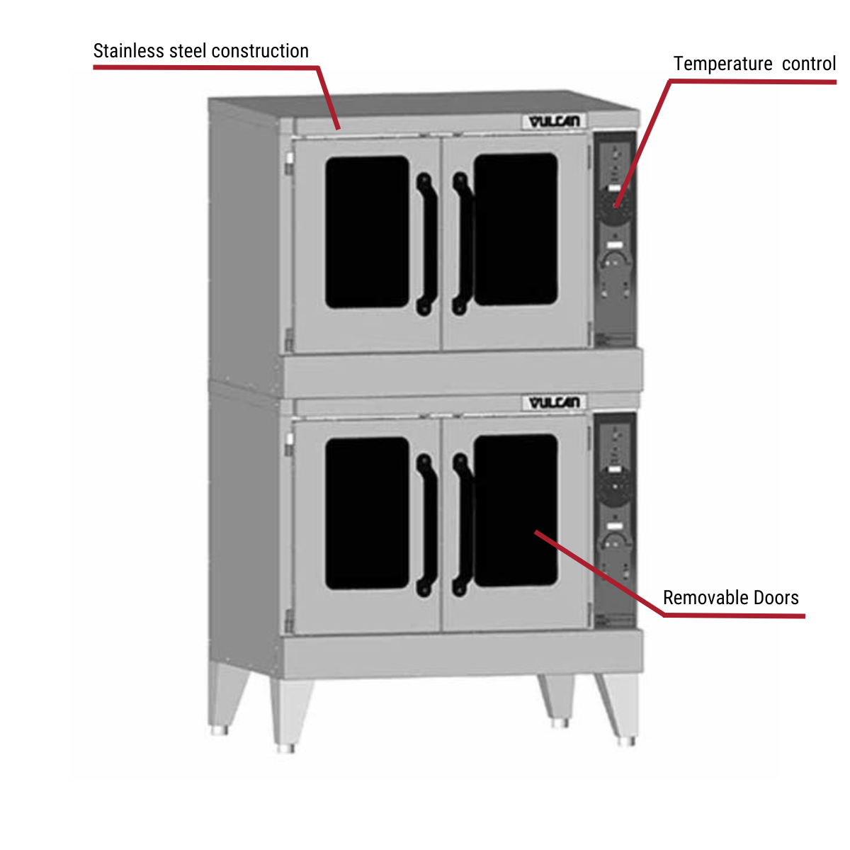 Diagram image for this Vulcan VC55GD Full Size Double Deck Liquid Propane Convection Oven with Solid State Controls with callout for removable door.