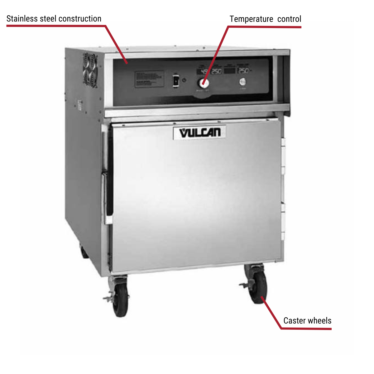 Diagram image for this Vulcan VCH5 208/240V Undercounter Cook and Hold Oven with callout for caster wheels.