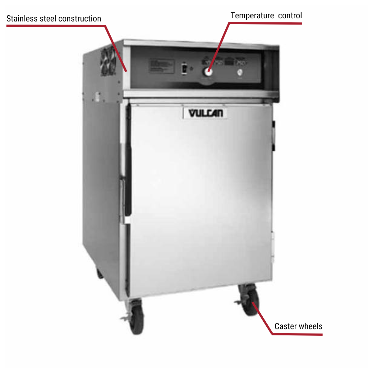 Diagram image for this Vulcan VCH8 208/240V Half Size Cook and Hold Oven with callout for caster wheels.