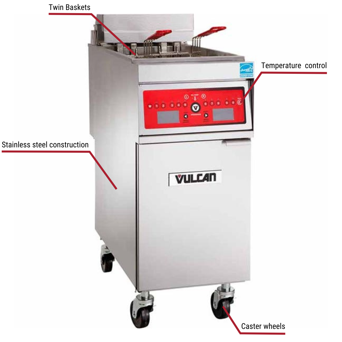 Diagram image for this Vulcan 1ER85AF 85 lb. 208V Electric Floor Fryer with Filtration System with callout for caster wheels. Includes twin baskets.
