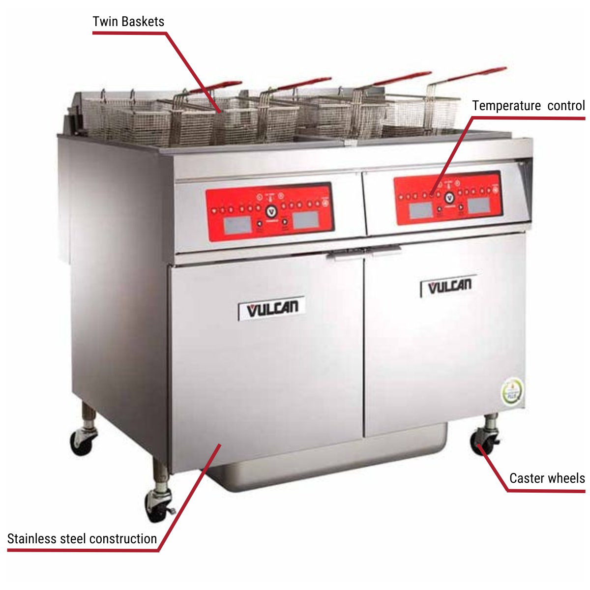 Diagram image for this Vulcan 2ER85AF, 2 85 lb. 208V Electric Floor Fryers with Filtration System with callout for caster wheels. Includes twin baskets.