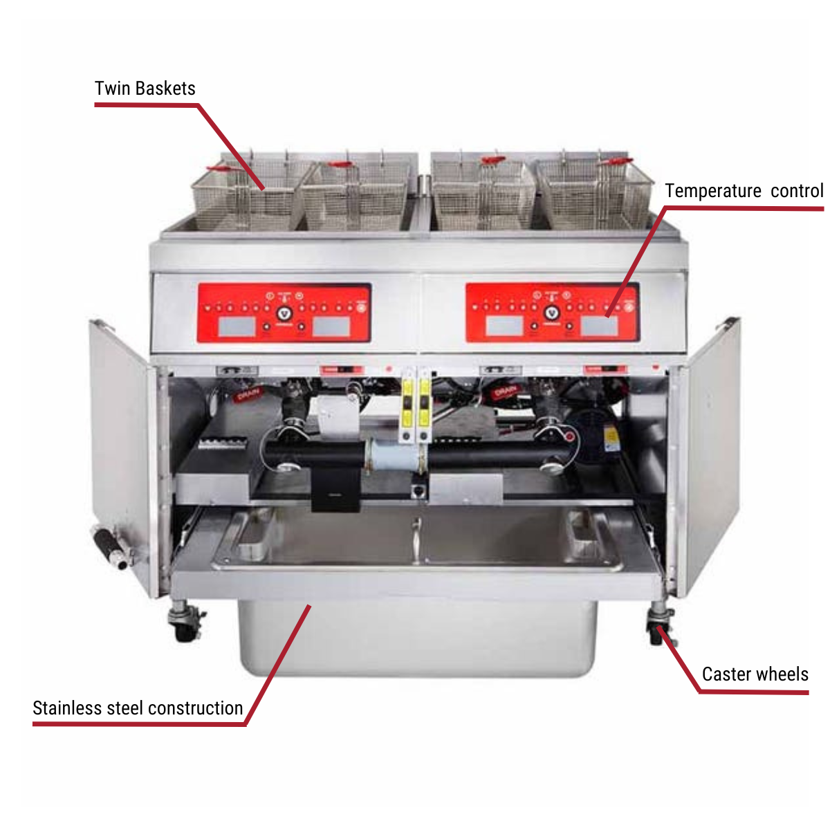 Diagram image for this Vulcan 3ER85AF, 3 85 lb. 208V Electric Floor Fryers with Filtration System with callout for caster wheels. Includes twin baskets.