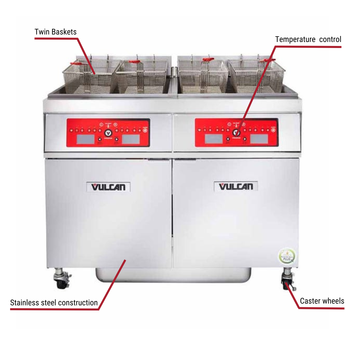 Diagram image for this Vulcan 4ER50DF, 4 50 lb. 208V Electric Floor Fryers with Filtration System with callout for caster wheels. Includes twin baskets.