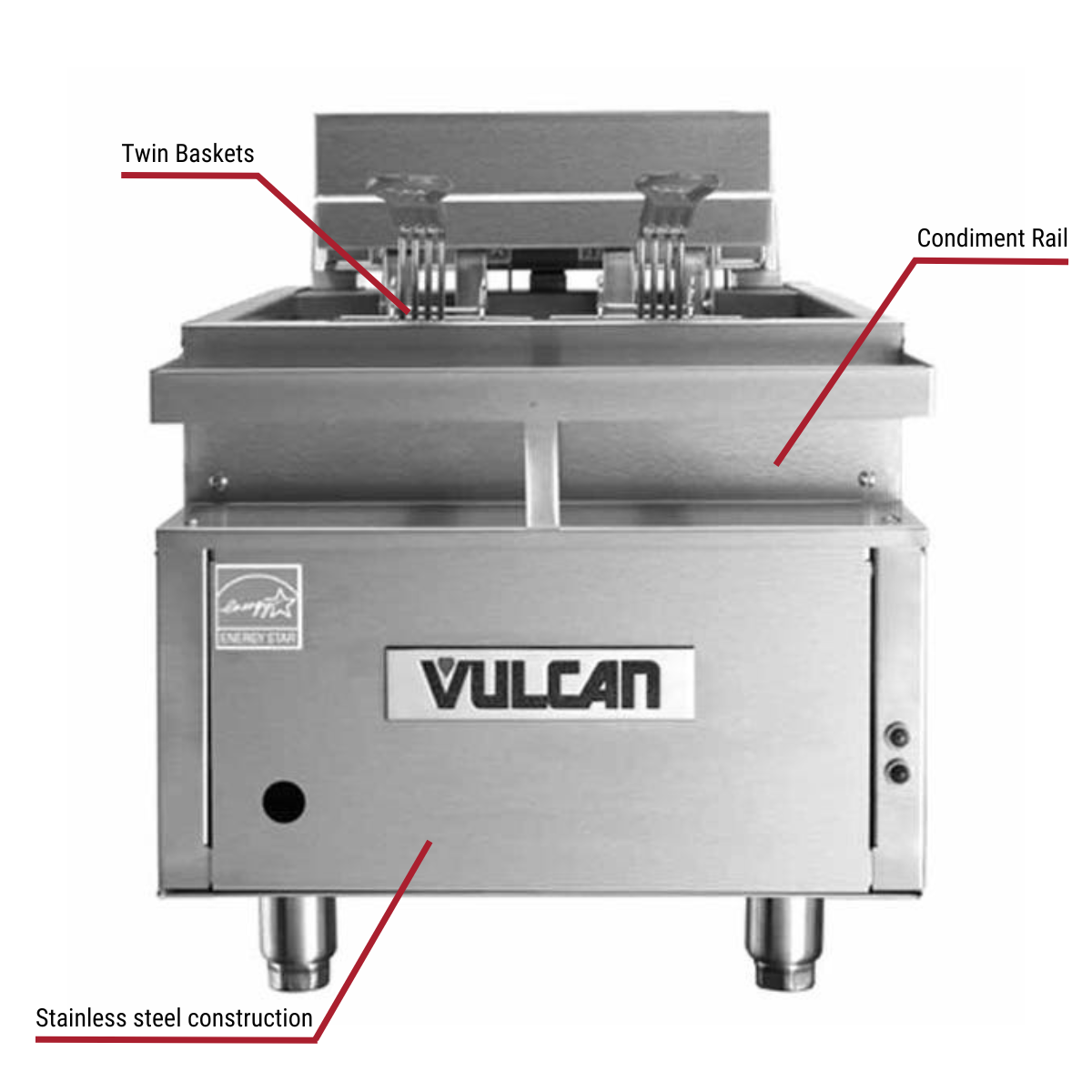 Diagram image for this Vulcan CEF75 Heavy Duty 75 lb. 208V Electric Countertop Fryer with callout for condiment rail. Includes twin baskets.