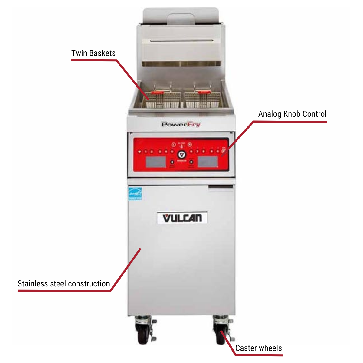 Diagram image for this Vulcan 1TR85AF 85-90 lb. Liquid Propane Floor Fryer with Filtration System 90,000 BTU with callout for caster wheels. Includes twin baskets.