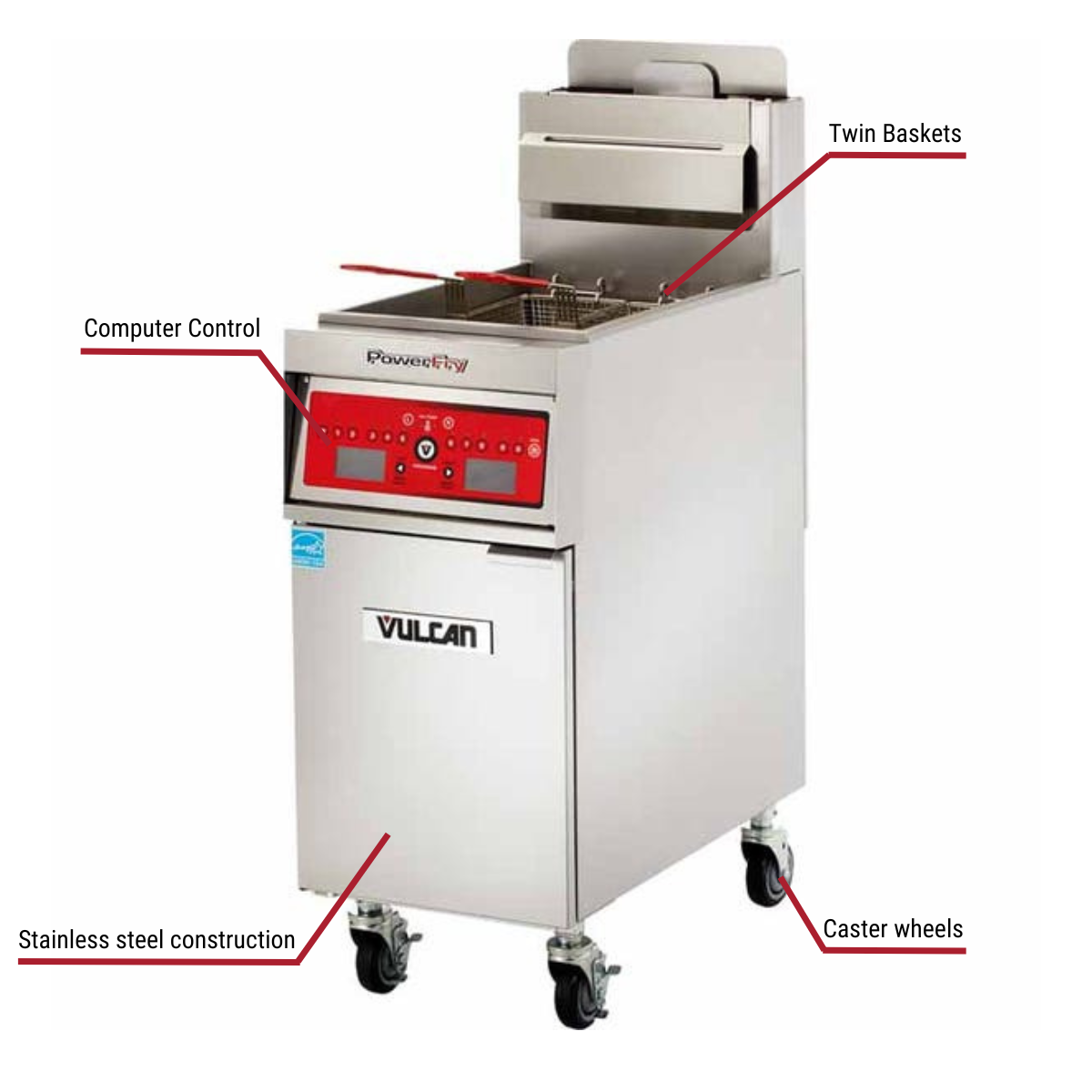 Diagram image for this Vulcan 1VK45CF 45-50 lb. Natural Gas Floor Fryer with Filtration System 70,000 BTU with callout for caster wheels. Includes twin baskets.
