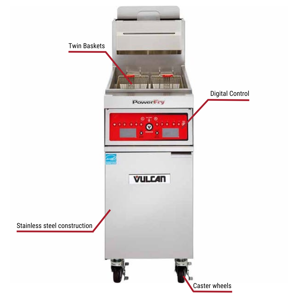 Diagram image for this Vulcan 1VK45D 45-50 lb. Natural Gas Floor Fryer 70,000 BTU with callout for caster wheels. Includes twin baskets.