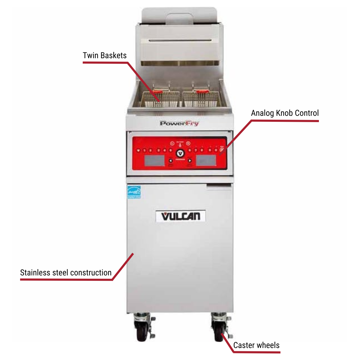 Diagram image for this Vulcan 1VK65A 65-70 lb. Liquid Propane Floor Fryer 80,000 BTU with callout for caster wheels. Includes twin baskets.
