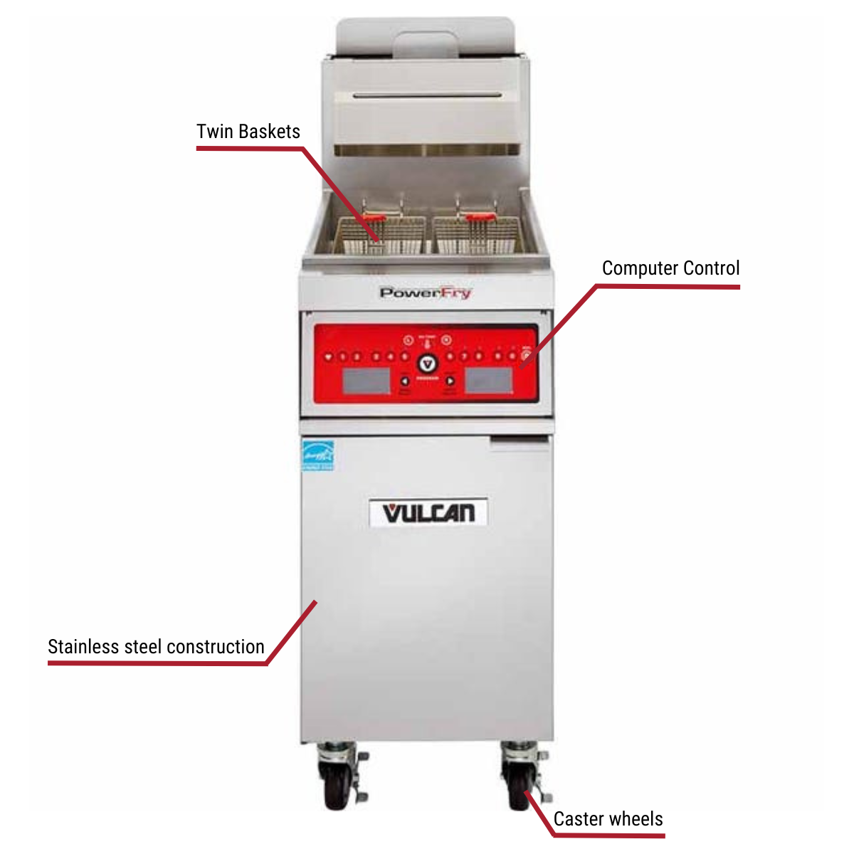Diagram image for this Vulcan 1VK65C 65-70 lb. Natural Gas Floor Fryer 80,000 BTU with callout for caster wheels. Includes twin baskets.