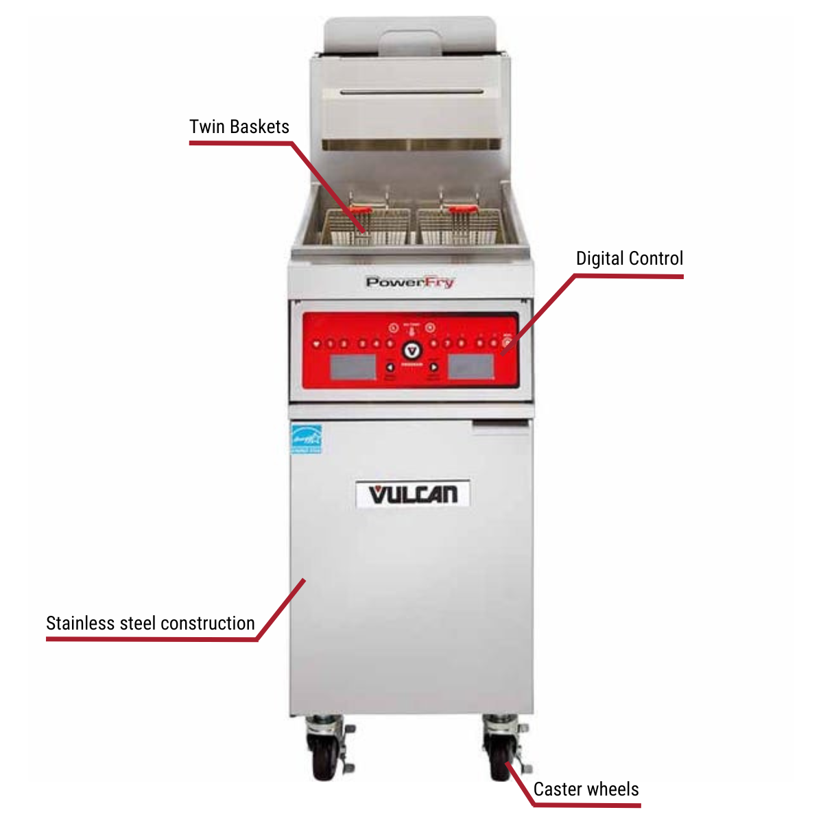 Diagram image for this Vulcan 1VK65D 65-70 lb. Natural Gas Floor Fryer 80,000 BTU with callout for caster wheels. Includes twin baskets.