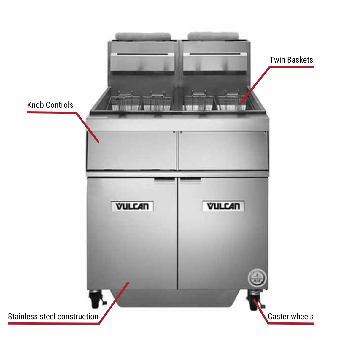 Diagram image for this Vulcan 2GR45AF, 2 45-50 lb. Natural Gas Floor Fryers with Filtration System 240,000 BTU with callout for caster wheels. Includes twin baskets.