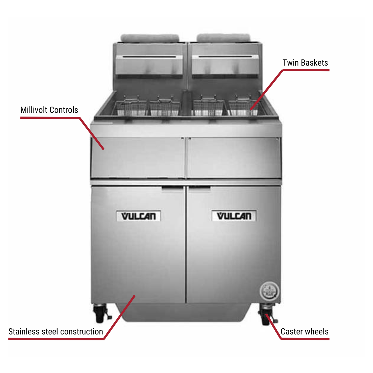 Diagram image for this Vulcan 2GR45MF, 2 45-50 lb. Natural Gas Floor Fryers with Filtration System 240,000 BTU with callout for caster wheels. Includes twin baskets.