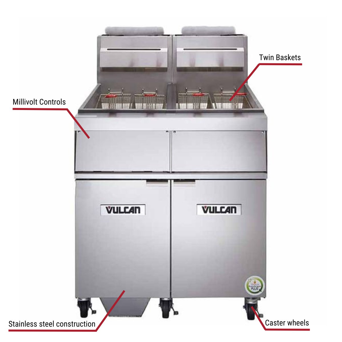 Diagram image for this Vulcan 2GR65MF, 2 65-70 lb. Natural Gas Floor Fryers with Filtration System 300,000 BTU with callout for caster wheels. Includes twin baskets.