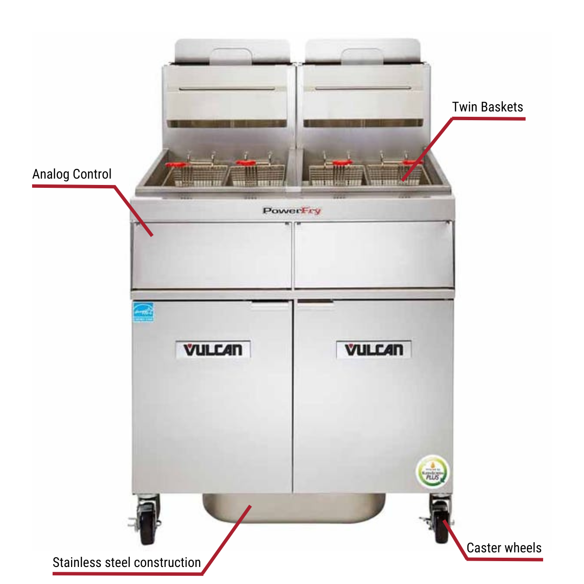 Diagram image for this Vulcan 2TR45AF, 2 45-50 lb. Liquid Propane Floor Fryers with Filtration System 140,000 BTU with callout for caster wheels. Includes twin baskets.