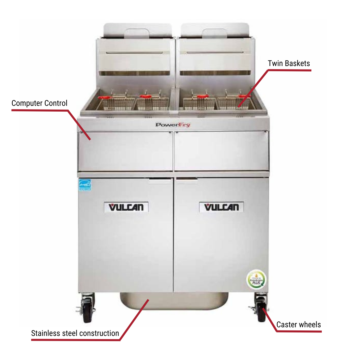 Diagram image for this Vulcan 2TR45CF, 2 45-50 lb. Liquid Propane Floor Fryers with Filtration System 140,000 BTU with callout for caster wheels. Includes twin baskets.