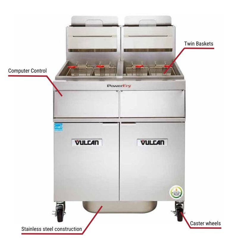 Vulcan 2VK65CF, 2 65-80 lb. Natural Gas Floor Fryers with Filtration System 160,000 BTU with specific callouts for knob control includes twin baskets and caster wheels.