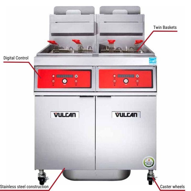 Vulcan 2VK65DF, 2 65-80 lb. Liquid Propane Floor Fryers with Filtration System 160,000 BTU with specific callouts for digital control includes twin baskets and caster wheels.
