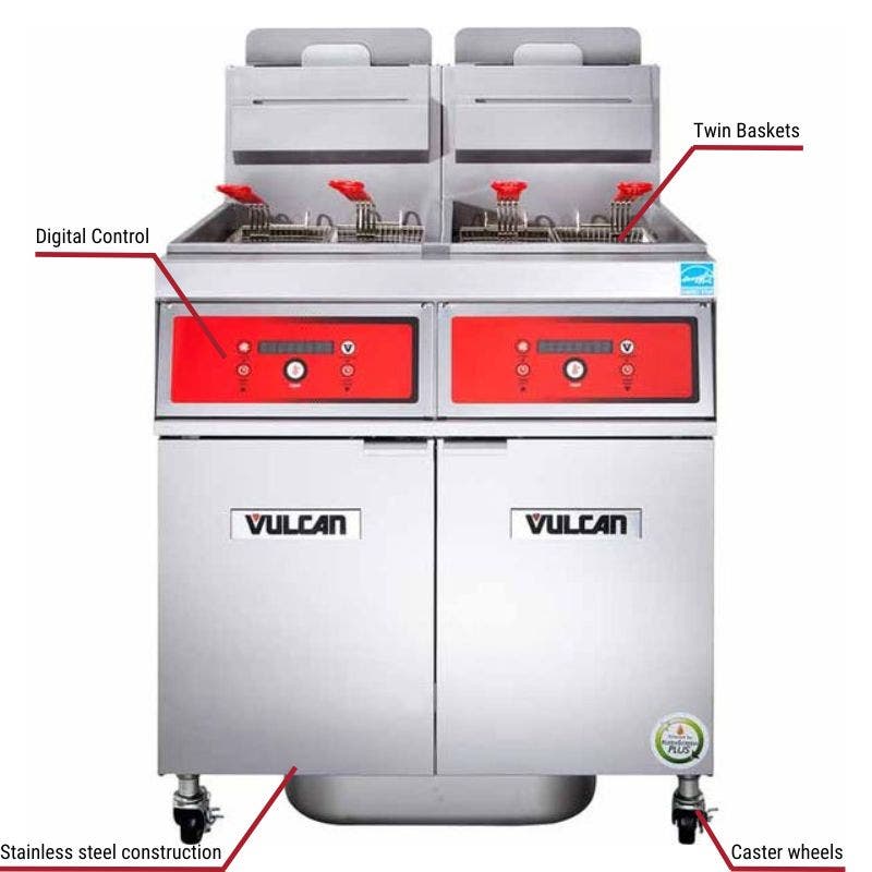 Vulcan 2VK85DF, 2 85-90 lb. Liquid Propane Floor Fryers with Filtration System 180,000 BTU with specific callouts for digital control includes twin baskets and caster wheels.