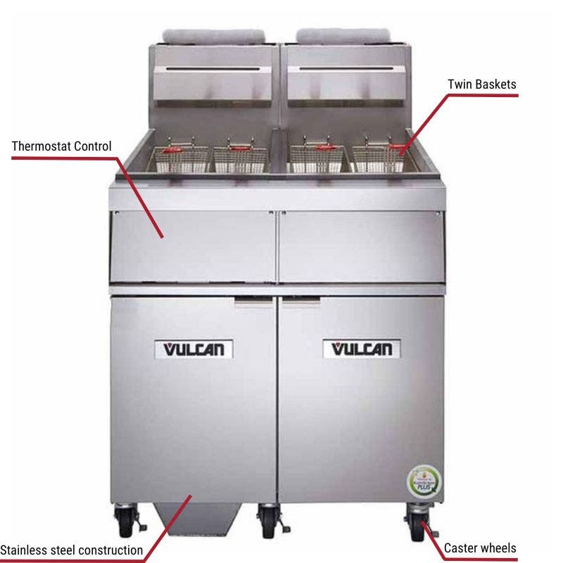 Vulcan 3GR45MF, 3 45-50 lb. Natural Gas Floor Fryers with Filtration System 360,000 BTU with specific callouts for thermostat control includes twin baskets and caster wheels.