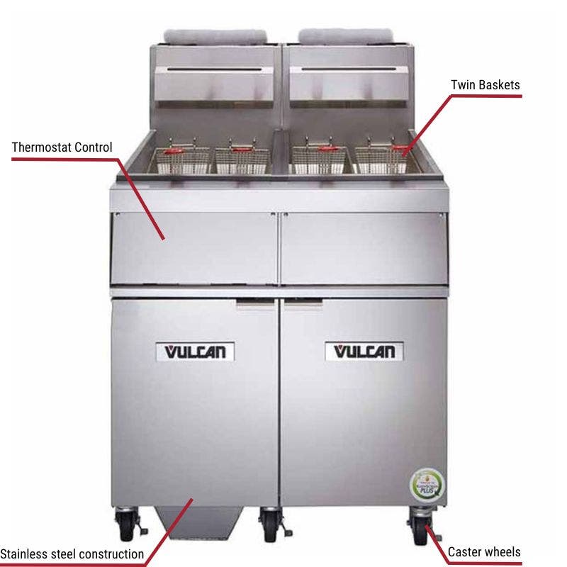 Vulcan 3GR65MF, 3 65-70 lb. Natural Gas Floor Fryers with Filtration System 450,000 BTU with specific callouts for thermostat control includes twin baskets and caster wheels.