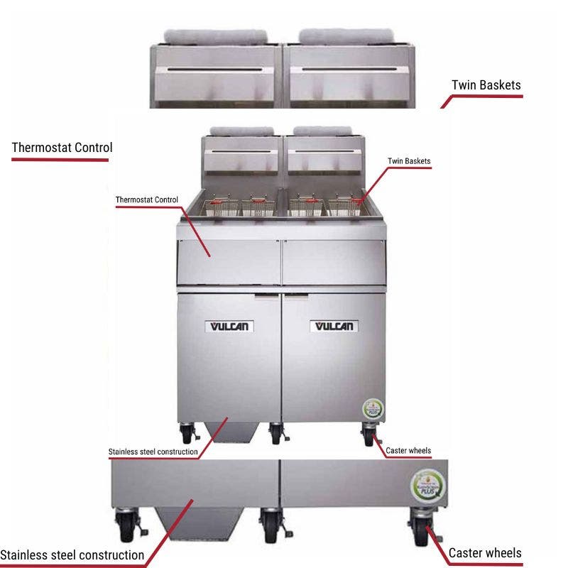 Vulcan 3GR85MF, 3 85-90 lb. Natural Gas Floor Fryers with Filtration System 450,000 BTU with specific callouts for thermostat control includes twin baskets and caster wheels.
