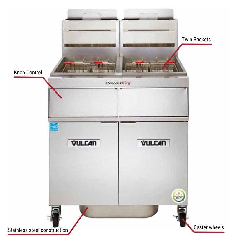 Vulcan 3TR45AF, 3 45-50 lb. Liquid Propane Floor Fryers with Filtration System 210,000 BTU with specific callouts for knob control includes twin baskets and caster wheels.