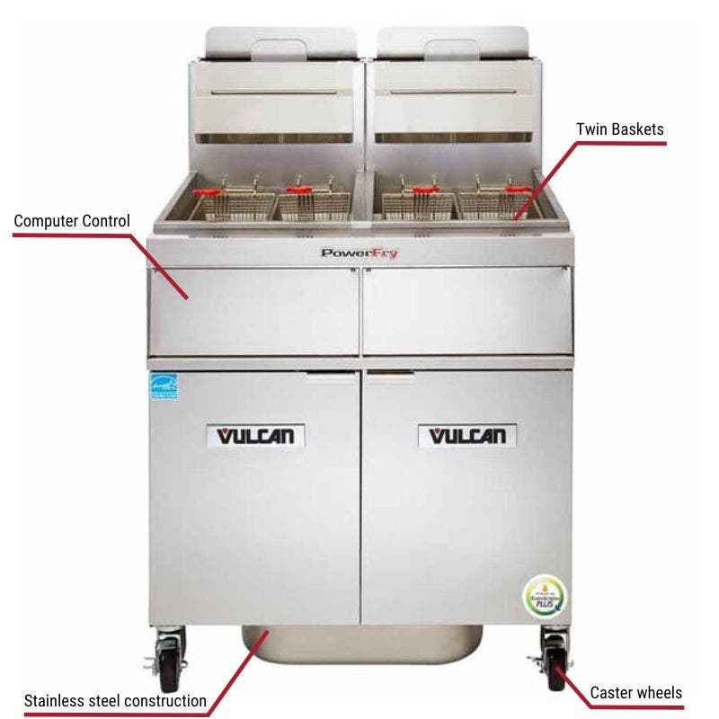 Vulcan 3TR65CF, 3 65-70 lb. Natural Gas Floor Fryers with Filtration System 240,000 BTU with specific callouts for computer control includes twin baskets and caster wheels.