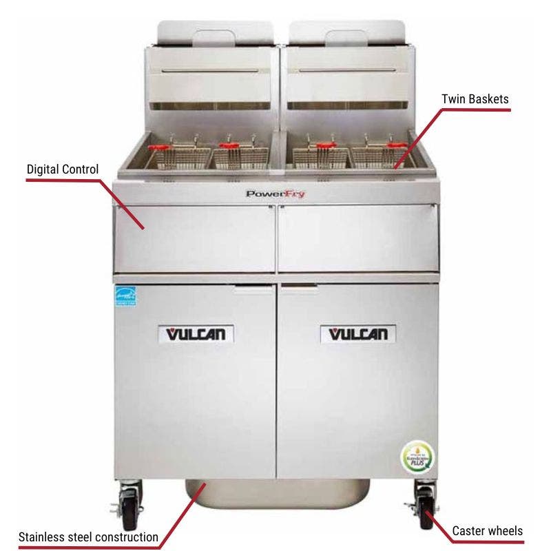 Vulcan 3TR65DF, 3 65-70 lb. Liquid Propane Floor Fryers with Filtration System 240,000 BTU with specific callouts for digital control includes twin baskets and caster wheels.
