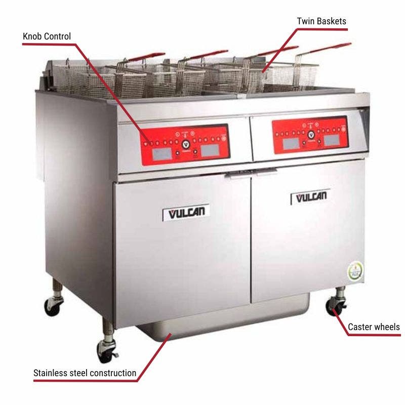 Vulcan 3VK45AF, 3 45-50 lb. Liquid Propane Floor Fryers with Filtration System 210,000 BTU with specific callouts for analog control includes twin baskets and caster wheels.