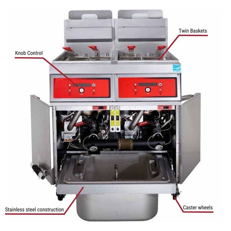 Vulcan 3VK65AF, 3 65-70 lb. Liquid Propane Floor Fryers with Filtration System 240,000 BTU with specific callouts for analog control includes twin baskets and caster wheels.