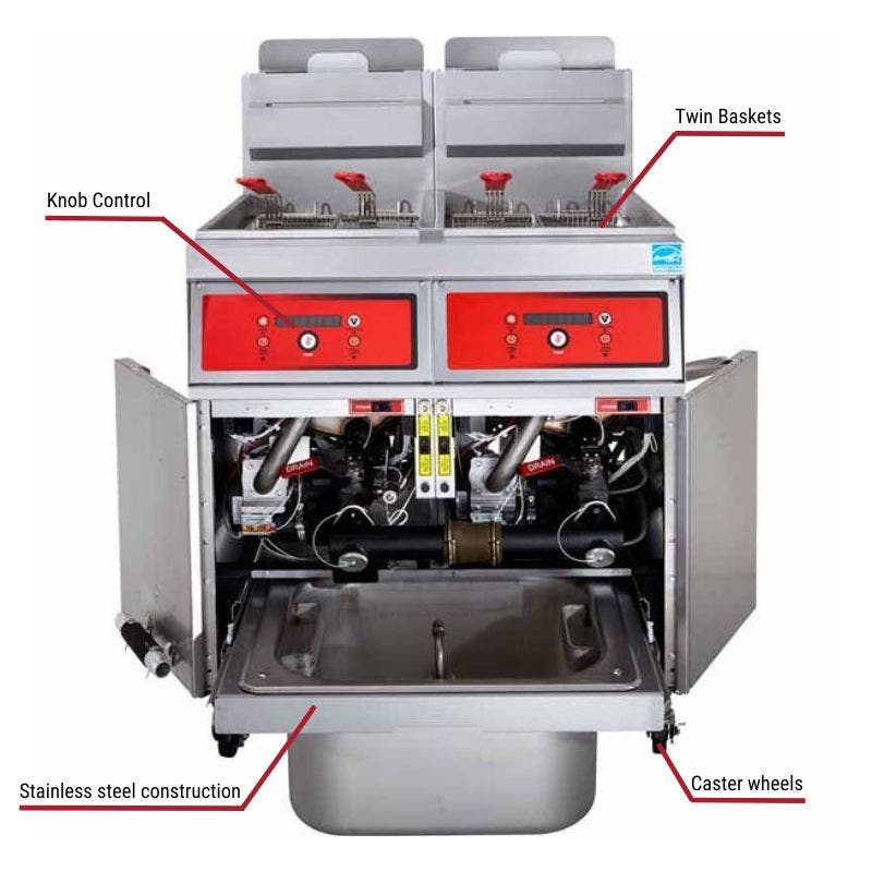 Vulcan 3VK85AF, 3 85-90 lb. Natural Gas Floor Fryers with Filtration System 270,000 BTU with specific callouts for analog control includes twin baskets and caster wheels.