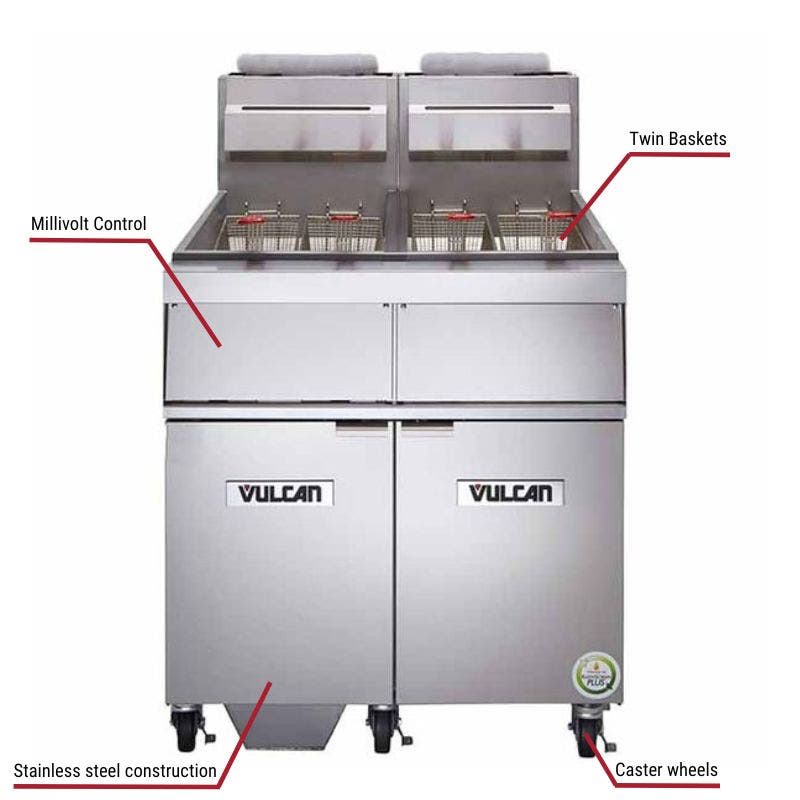 Vulcan 4GR45MF, 4 45-50 lb. Natural Gas Floor Fryers with Filtration System 480,000 BTU with specific callouts for thermostat control includes twin baskets and caster wheels.
