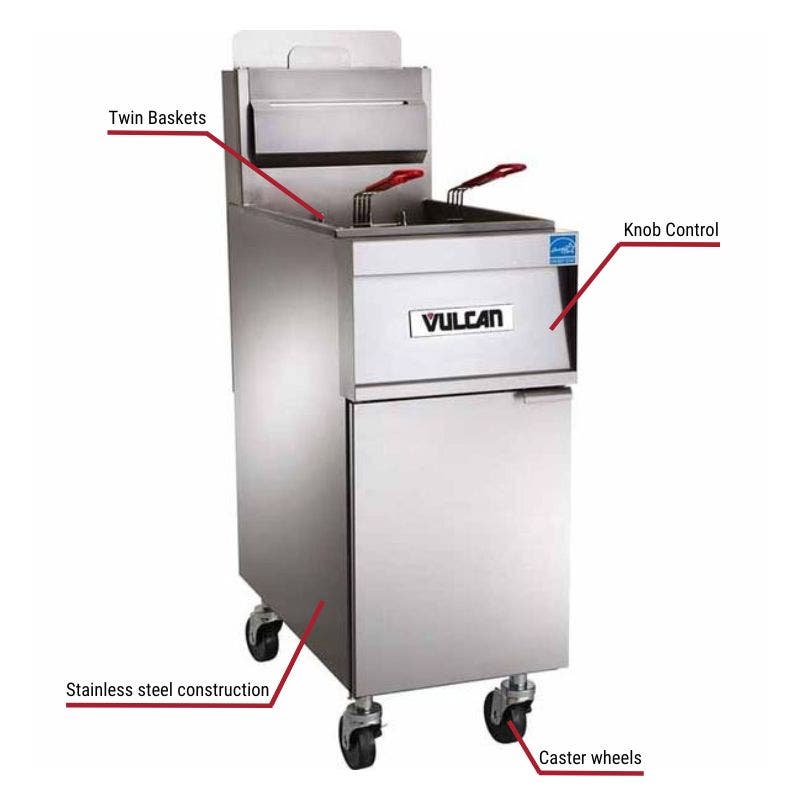 Vulcan 4TR85AF, 4 85-90 lb. Liquid Propane Floor Fryers with Filtration System 280,000 BTU with specific callouts for analog control includes twin baskets and caster wheels.