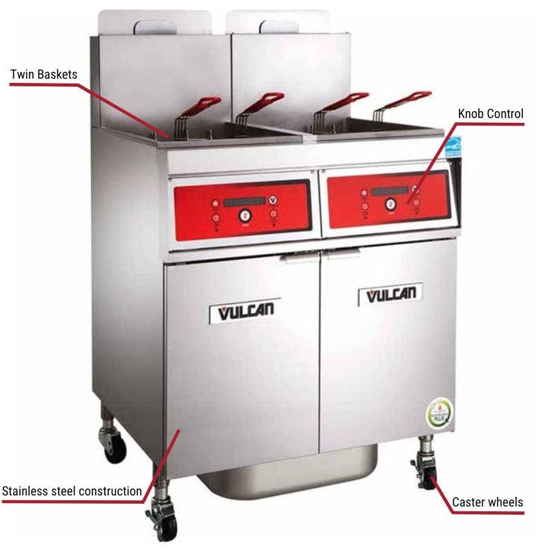 Vulcan 4VK85AF, 4 85-90 lb. Liquid Propane Floor Fryers with Filtration System 360,000 BTU with specific callouts for analog control includes twin baskets and caster wheels.