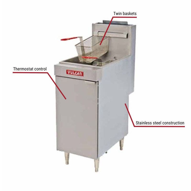 Vulcan LG300 35-40 lb. Liquid Propane Floor Fryer 90,000 BTU with specific callouts for thermostat control, includes twin baskets.