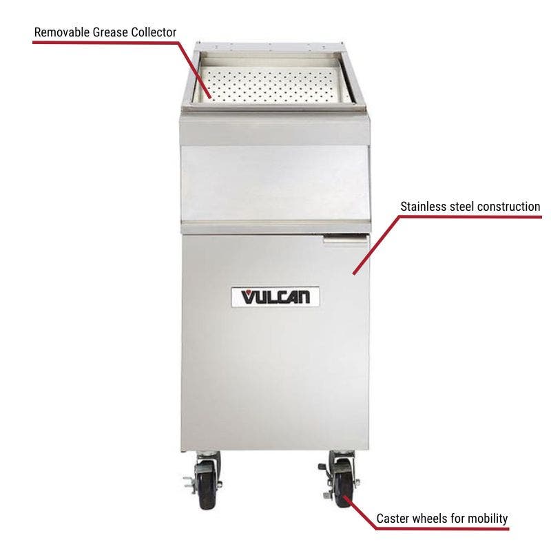 Vulcan Frymate VX15 Holding Station / Fryer Dump Station with specific callouts for stainless steel construction, includes removable grease collector and casters for mobility.