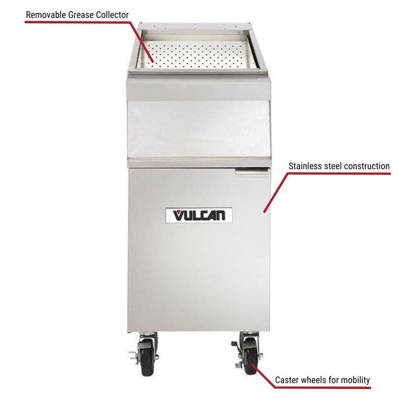 Vulcan Frymate VX21S Holding Station / Fryer Dump Station with specific callouts for stainless steel construction, includes removable grease collector and casters for mobility.