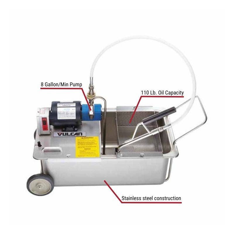 Vulcan MF-1 Portable 110 lb. Electric Oil Filter 20"W with specific callouts for stainless steel construction, includes 118 lb oil capacity and 8 gallon/min pump.