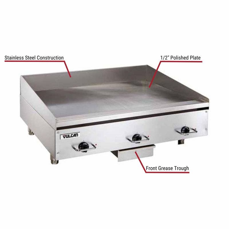 Vulcan HEG24E Electric Thermostat Control Heavy Duty Griddle 24"W with specific callouts for stainless steel construction, includes 1” polished plate and front grease trough.