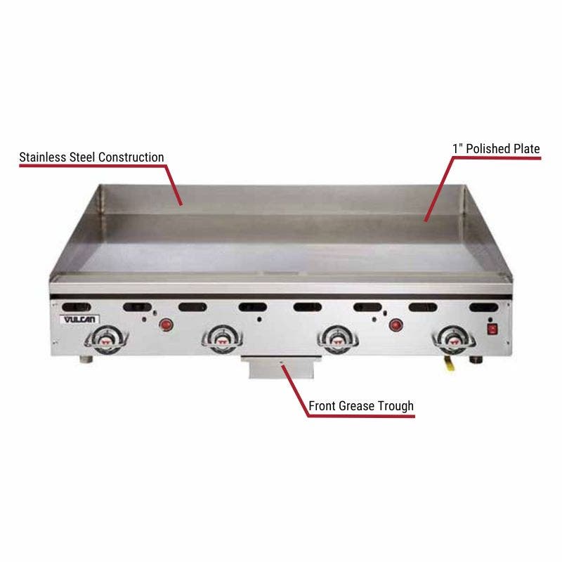 Vulcan 924RX-30 Heavy Duty 54,000 BTU Thermostat Controlled Liquid Propane Griddle 24"W with specific callouts for stainless steel construction, includes 1” polished plate and front grease trough.